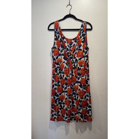 Garnet Hill Women's Size Large Orange Blue Sleeveless Floral Print Dress V Neck - Picture 1 of 7
